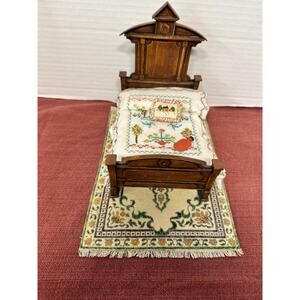 Vintage 80s Miniature Wooden Bed Set w/ Hand stitched Bedding